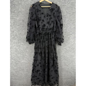 New Chicwish Dress Women L Large Black Floral Maxi Long Belted V-Neck Casual